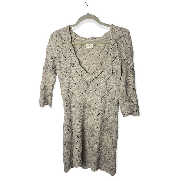 Pins and Needles SZ M open knit crochet 3/4 sleeve beige sweater dress - Picture 2 of 4